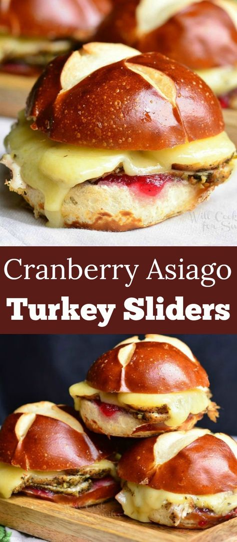 Tasty little sliders made with turkey breast, cranberry sauce and Asiago cheese. These sliders are served warm on pretzel slider buns. #sliders #turkey #cranberry #leftovers #easy #pretzelbun Turkey Cranberry Stuffing Sliders, Turkey Dressing Cranberry Sliders, Turkey Brie Cranberry Sliders, Christmas Sliders, Sliders Recipes Hawaiian Rolls Turkey Cranberry, Sliders Turkey, Healthy Sliders, Cranberry Turkey Sliders Wonky Wonderful, Xmas Apps