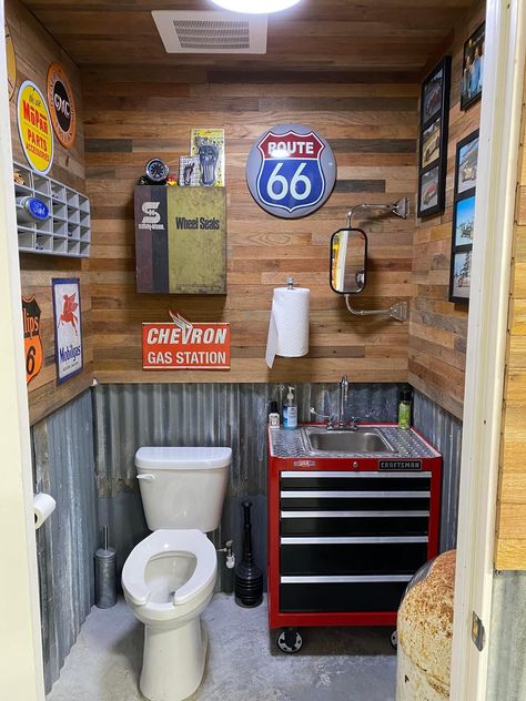 Garage Bathroom Ideas, Shop Bathroom Ideas, Man Garage, Garage Bathroom, Man Cave Bathroom, Mechanic Shop, Automotive Decor, Man Cave Garage, Metal Art Diy