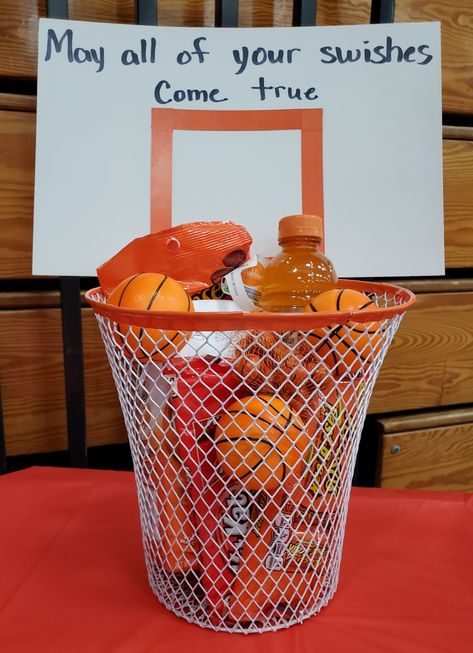 Basketball Birthday Gift Ideas, Basketball Senior Baskets, Senior Night Ideas Basketball, Senior Night Baskets, Senior Basketball Gifts, Basketball Gift Basket, Basketball Senior Night Posters, Basketball Theme Gifts, Basketball Theme Baby Shower