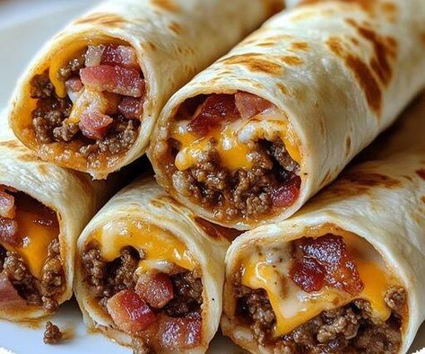 Bacon Cheeseburger Tortilla Roll Up, Bacon Tortilla Roll Ups, Bacon Cheeseburger Rolls, Bacon Cheeseburger Roll Up, Cheeseburger Roll Up, Cheeseburger Tortilla, Fried Cheese Bites, Fiesta Recipes, Bacon Roll