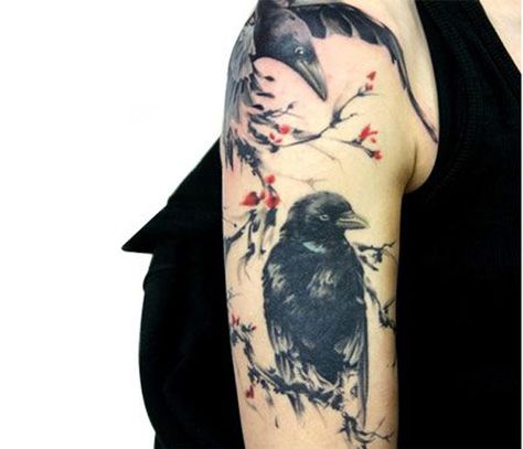 The two ravens in love season. The Chinese ink painting style and the plum flowers make you forget all of the bad omens associated with the bird. Raven Tattoo Meaning, Rabe Tattoo, Classy Tattoos For Women, Petit Tattoo, Kunst Tattoos, Crow Tattoo, Raven Tattoo, Geniale Tattoos, Trendy Tattoos