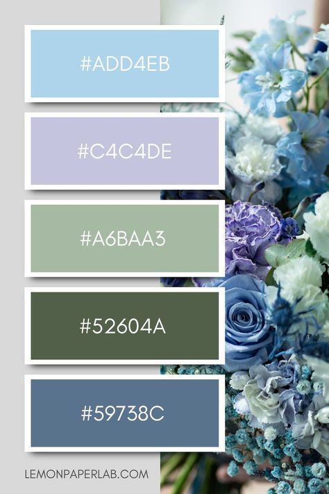 Sky Blue, Lilac Purple, Sage Mist, Olive Slate, and Blue Color Palette Color Palette With Slate Blue, Periwinkle And Olive Green, Blue Green Purple Colour Palette, Slate Blue Color Palette Wedding, Sage And Blue Color Palette Wedding, Lilac Blue Color Palette, Colors That Compliment Mint Green, Sage Purple Aesthetic, Purple Blue White Color Palette