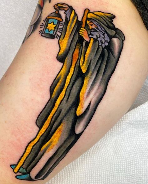 American Traditional Led Zeppelin Tattoo, Traditional Tarot Tattoo, The Hermit Tattoo, The Hermit Tarot Tattoo, Hermit Tattoo, Eddie Tattoo, Led Zeppelin Tattoo, Trad Flash, The Hermit Tarot