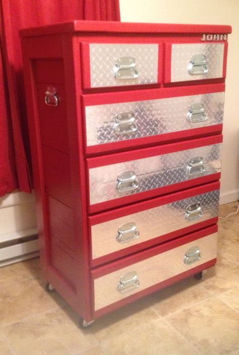 This is a dresser that I got from auction and repurposed and made it look like a toolbox for the grandson another pinner Cool Dresser Painting Ideas, Hotwheels Bedroom Ideas, Diy Dresser Ideas, Plate Dresser, Tool Box Dresser, Dressers For Kids, Dresser Upcycle, Dresser Turned, Car Room