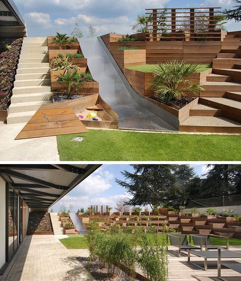 Sloped Backyard, Backyard Garden Landscape, Summer Backyard, Sloped Garden, Modern Garden Design, Have Inspiration, Beautiful Backyards, Backyard Makeover, New Garden