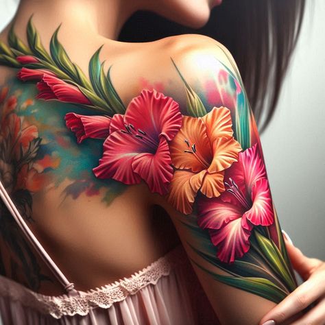 Birth Flower Tattoo Bliss: Stunning Designs | Pocoko Floral Tattoo Design Sleeve, Gladiolus Flower Tattoo, August Flower Tattoo, Gladiolus Tattoo, Warrior Tattoo Sleeve, Thumb Tattoos, Remembrance Tattoos, Gladiolus Flower, Floral Tattoos