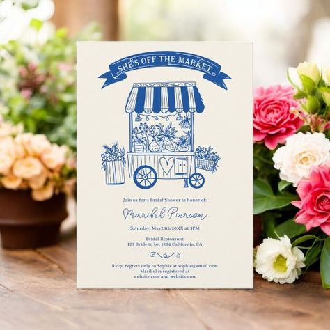 $1.98 | Off the market floral scribbles bridal shower #retro bridal shower invite, blue floral stall design, printable wedding shower template, charming bridal shower theme, playful bridal celebration, fun wedding shower, elegant blue theme, whimsical french blue illustrations, vintage market stall theme, cute retro french scribbles Shower Themes Bridal, Fun Bridal Shower Themes, Stall Illustration, Wedding Vowels, Floral Market, Retro Bridal Showers, Vowel Renewal, Bridal Shower Inspo, Vintage Banner