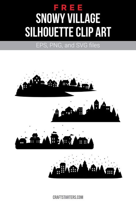 Winter Scene Silhouette Svg, Christmas Village Silhouette Templates, Free Svg Files For Cricut Christmas Village, Winter Village Silhouette, Christmas Window Silhouettes, Christmas Village Silhouette, Town Silhouette, Village Silhouette, Cricut Maker3