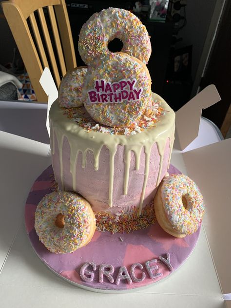 Cake made for 9 year old niece. #doughnut #birthday #cake #girl #girlscake Girls Birthday Cakes Princess, Doughnut Birthday Cake, Girls Birthday Cakes, Birthday Cake Girl, Doughnut Birthday, Birthday Cakes For Girls, Cakes For Girls, 12th Birthday Cake, 10 Birthday Cake