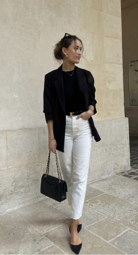 Cream Colored Jeans, Team Dinner, Blazer Top, Mode Casual, Black Blazer, Colored Jeans, Semi Formal, Cream Color, Women's Fashion