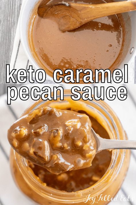 This Keto Caramel Pecan Sauce is the perfect topping for all your sweet treats. Not only is it delicious and nutty in flavor, but it's keto-friendly and sugar-free, too. Add this to cupcakes, cake, cookies, or drizzle on top of homemade ice cream as well. You can't go wrong with however you want to use this delicious pecan caramel sauce. Caramel Pecan Sauce, Keto Caramel, Trim Healthy Mama Dessert, Pecan Sauce, Keto Sauces, Joy Filled Eats, Low Carb Sweets, Caramel Pecan, Cupcakes Cake