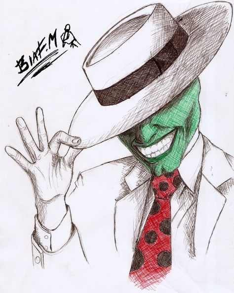 The Mask Drawing Jim Carrey, The Mask Drawing, Drawing Ideas Marvel, The Mask Cartoon, Mask Sketch, Mr Cartoon Tattoo, Paint Swatch Art, Sketches Book, Traditional Sketches