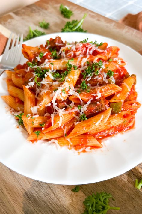 Spanish Garlic & Chorizo Pasta | INCREDIBLY Delicious 30 Minute Recipe Chorizo Pasta Recipes, Chorizo Pasta, Large Fries, Canning Diced Tomatoes, European Cuisine, Canned Tomato Sauce, Penne Pasta, 30 Minute Meals, Pasta Recipe