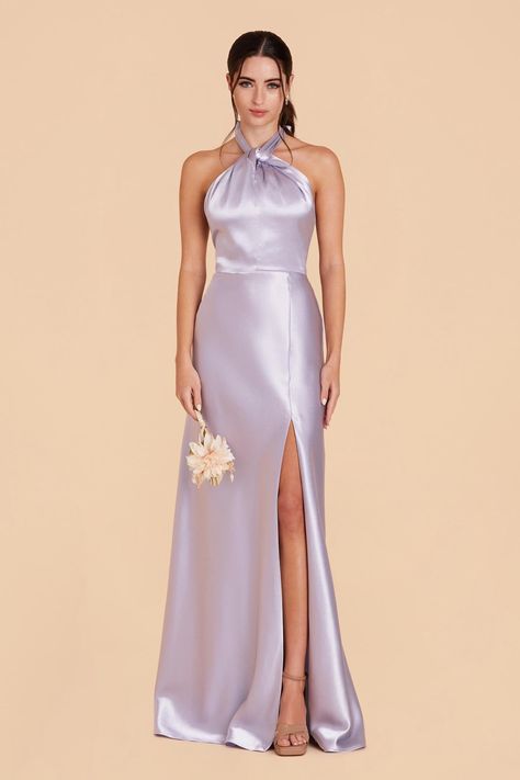 M / dusty lilac Powder Blue And Lavender Wedding, Purple Dress Maxi, Pastel Lavender Bridesmaid Dresses, Lilac Bridal Party, Satin Lavender Bridesmaid Dresses, Lilac Satin Bridesmaid Dresses, Lilac Dress Outfit Wedding, Bridesmaid Theme, Pastel Purple Dress