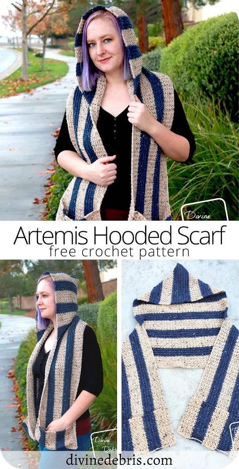 Artemis Hooded Scarf free crochet pattern by DivineDebris.com Crochet Hooded Scarf Pattern Free, Hooded Scarf Crochet Pattern, Hooded Scarf Crochet, Crochet Hooded Scarf Pattern, Crochet Hooded Cowl, Hooded Scarf Pattern, Crochet Drawstring Bag, Pocket Shawl, Crochet Drawstring