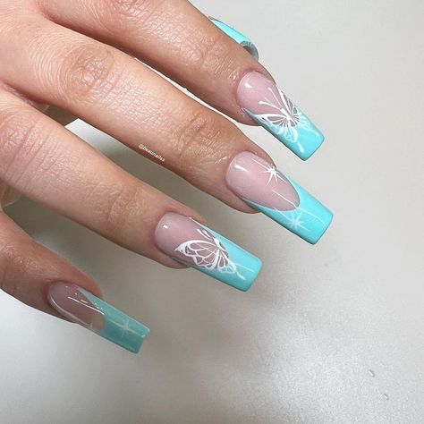 Blue Nails With Butterfly Design, Blue Nails With Butterfly, Blue Nails With Butterflies, Nails With Butterfly Design, Blue Butterfly Nails, Nails With Butterflies, Nails With Butterfly, Marble Acrylic Nails, Butterfly Nail Designs