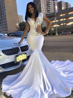 Sweep Train Prom Dress, White Mermaid, Prom Girl Dresses, V Neck Prom Dresses, White Prom Dress, Beaded Prom Dress, Prom Girl, Rhinestone Dress, Satin Prom Dress