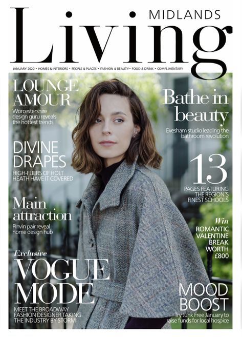 Jackie Maguire Midlands Living Magazine Front cover January 2020 #fashionfeature #coverphoto #frontcover #britishfashion #madeinengland #sustainablefashion #jackiemaguire_ #beltedcapecoat # Real Simple Magazine Covers, Fashion Magazine Front Cover, Magazine Cover Travel, Interior Magazine Cover, Magazine Front Cover Design, Magazine Layout Design Cover, Lifestyle Magazine Cover, Magazine Front Page, Front Page Magazine