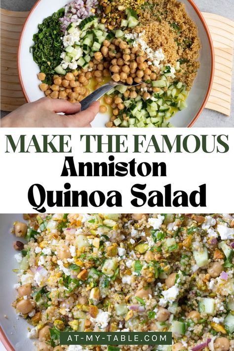 A colorful bowl of Jennifer Aniston’s quinoa salad, filled with fresh cucumbers, chickpeas, and herbs. Quinoa Salad Simple, Jennifer Aniston Quinoa Salad Recipe, No Cook Salad Recipes, Jennifer Aniston Salad With Quinoa, Jennifer Aniston Quinoa Salad, Jennifer Salad, Quinoa Recipes Salad, Jennifer Aniston Salad Recipe, Jennifer Aniston Salad