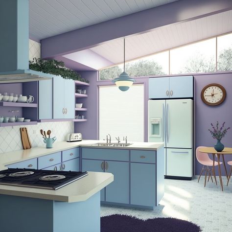 Aesthetic Kitchen Pastel, Kitchen Purple, Pretty Apartments, Storage Furniture Design, 70s House, Purple Kitchen, Blue Kitchen, Boho Kitchen, Beautiful Interior Design