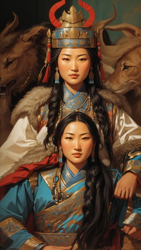 Mongolian Woman Art, Mongolian Mythology, Genghis Khan Art, White Hair Character Design Female, Mongolian Queen, Mongolian Woman, Mongolia Art, Mongol Art, Mongolian Art