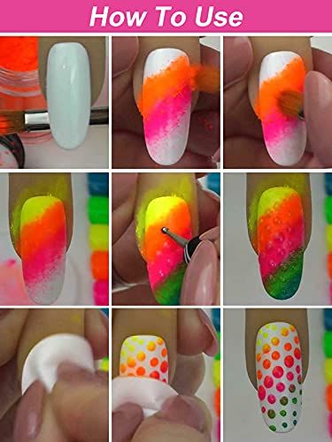 Neon Pigment Nails, Pigment Nails, White Gel Polish, Fluorescent Nails, Nails Powder, Nail Art Stencils, Neon Nail Designs, Luminous Nails, Art Deco Nails