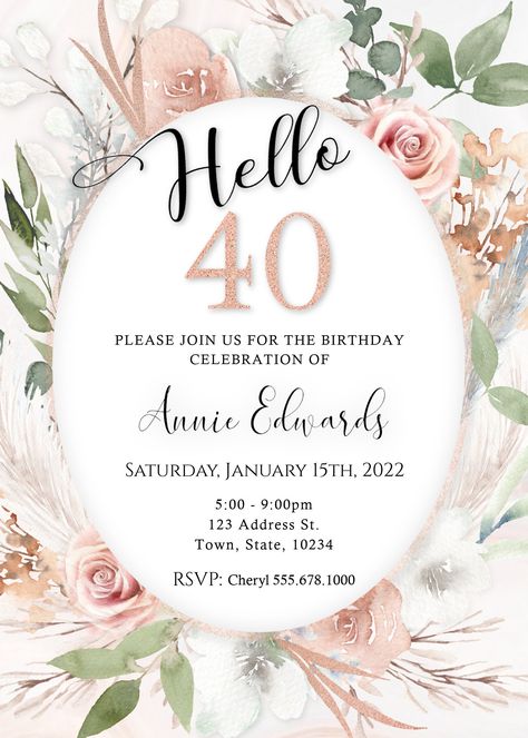 40th Birthday Invitations For Women, Hello 40 Birthday, 40th Birthday Invite, Hello 40, Elegant Birthday Invitations, Womens Birthday, 40 Birthday, 40th Birthday Invitations, Elegant Birthday