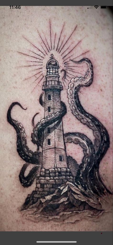 Shipwreck Tattoo Sleeve, Ofmd Tattoo Idea, Skeleton Pirate Tattoo, Tin Man Tattoo, Burning Ship Tattoo, Sinking Ship Tattoo, Ocean Aesthetic Tattoo, Ofmd Tattoo, The Lighthouse Tattoo