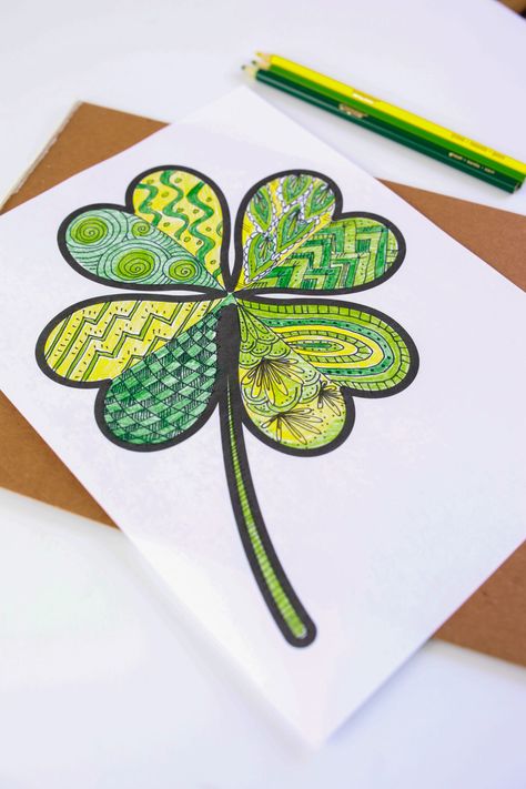 How to Create a Beautiful Zentangle Four Leaf Clover Art · Craftwhack Four Leaf Clover Drawing, Popsicle Craft, Clover Craft, Drawing Games For Kids, Valentines Bookmarks, Zentangle Tutorial, Popsicle Crafts, Fine Point Pens, Valentine Cards Handmade