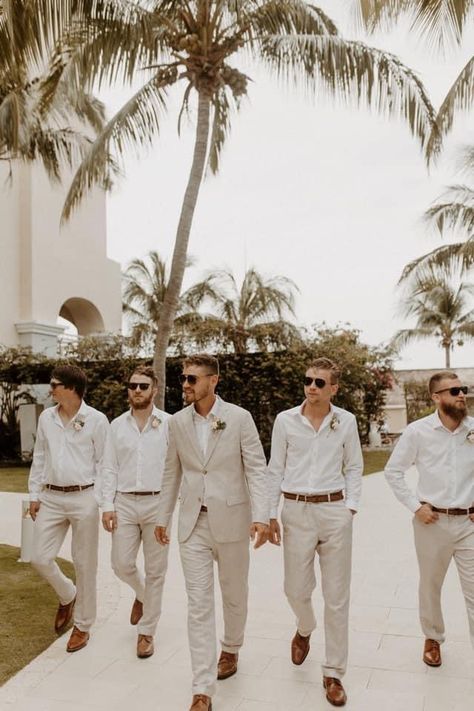 Groomsmen Attire Beach Wedding, Sunset Beach Wedding, Wedding Groomsmen Attire, Groom And Groomsmen Suits, Art For Walls, Dream Beach Wedding, Mens Wedding Attire, Groom Wedding Attire, Romantic Ideas