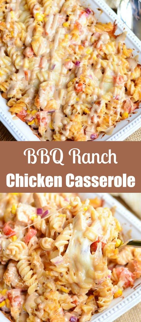 BBQ Ranch Chicken Casserole. Easy pasta casserole loaded with chicken, tomatoes, corn, red onion, and lots of cheese! This chicken, cheesy goodness is baked with BBQ ranch sauce for a  full flavor experience. #chicken #casserole #bbq #ranch #casserole Bbq Ranch Chicken Casserole, Easy Pasta Casserole, Bbq Chicken Casserole, Chicken Tomatoes, Ranch Sauce, Ranch Chicken Casserole, Chicken Crockpot Recipes Easy, Pasta Casserole, Ranch Chicken