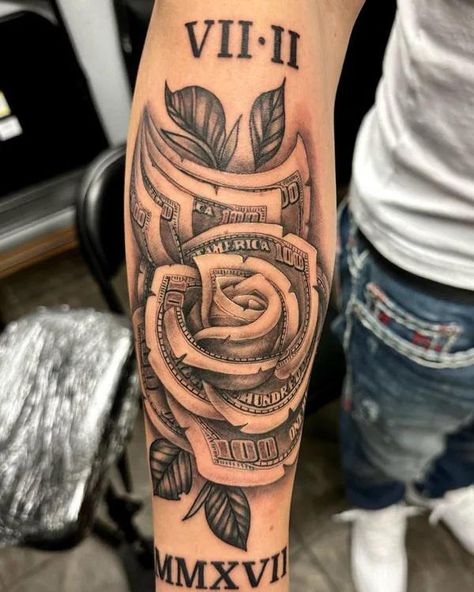 Money rose with roman numerals 100 Dollar Bill Rose Tattoo, Money Flower Tattoo, Money Rose Tattoo Design, Tattoos Ideas Female, Stencil Simple, Dollar Rose, Money Tattoos, Rose Tattoo On Side, Money Rose Tattoo