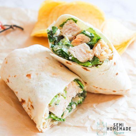 Easy Chicken Ceasar Salad Wraps, Chicken Caesar Wrap Recipe, Caesar Salad Wrap, Brie Recipes Appetizers, Grilled Chicken Caesar Salad, Chicken Caesar Wrap, Grilled Chicken Strips, Leftover Rotisserie Chicken, Salad Wraps