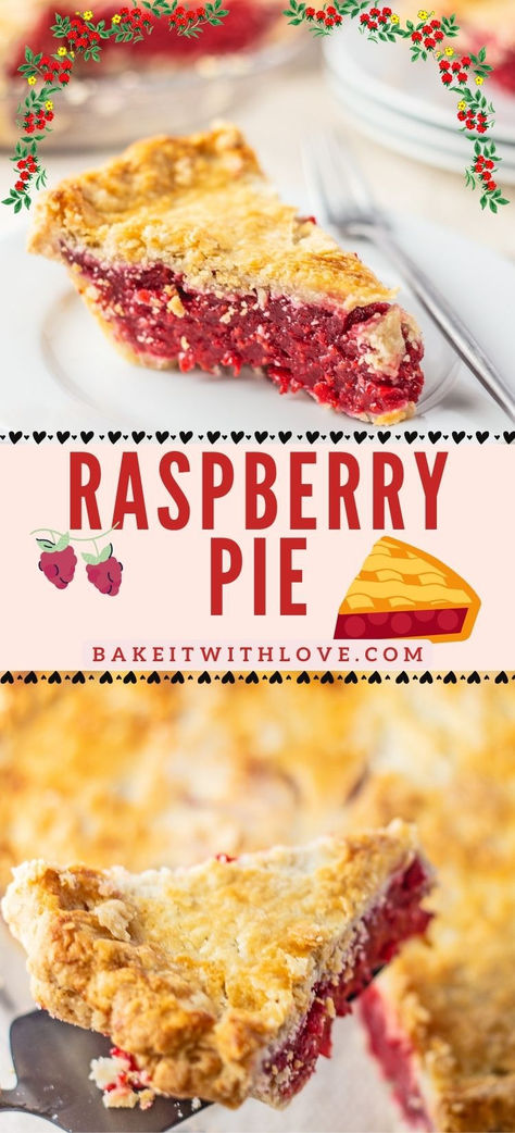 Pin with two images of the sliced raspberry pie and text title divider. Cherry Raspberry Pie, Raspberry Tarts Recipe Easy, Easy Raspberry Pie Recipe, Wine Pie, Raspberry Tart Recipe, Raspberry Pie Recipe, Pie Recipe Easy, Raspberry Pie Filling, Popular Pies