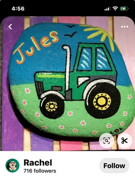 Rock Painting Ideas, Happy Stones, Pebble Painting, Rock Painting, Painting Ideas, Painted Rocks, Tractor, Trucks, Cars