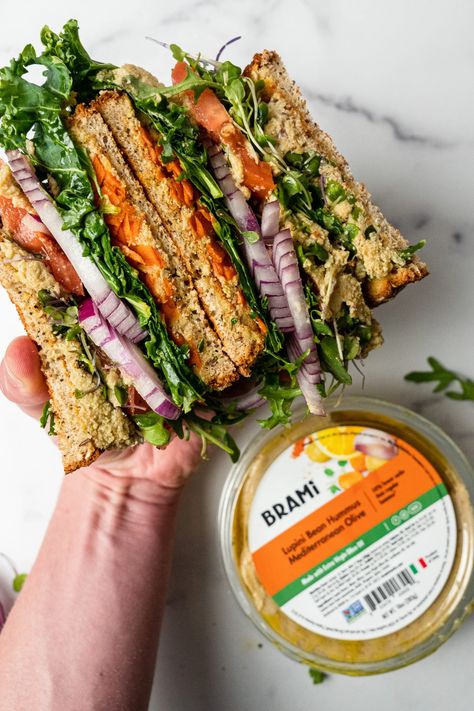 Ultimate Veggie Hummus Sandwich – BRAMI Snacks Veggie Hummus, Hummus Sandwich, Bean Hummus, Harvest Salad, Vegan Tacos, Vegan Sandwich, Roasted Cauliflower, Blue Cheese, Arugula