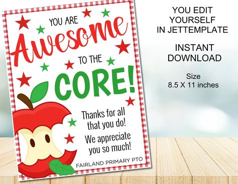 Editable Apple Sign, You Are Awesome to the Core, Staff Teacher Appreciation Week, End of School Pto Pta Thank You Decor, INSTANT DOWNLOAD by LusMiadesigns on Etsy Teacher Appreciation Apple Theme, Apple Sign, Staff Awards, Staff Appreciation Week, School Pto, Apple Core, Nurse Appreciation Week, Apple Theme, Staff Appreciation