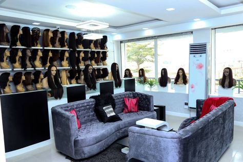 African Hair Salon Interior Design, Wig Store Interior Design, Hair Store Ideas, Beauty Supply Store Design Ideas, Wig Room Ideas, Wig Shop Design Ideas, Wig Shop Interior Design, Hair Store Decor, Wig Business Ideas