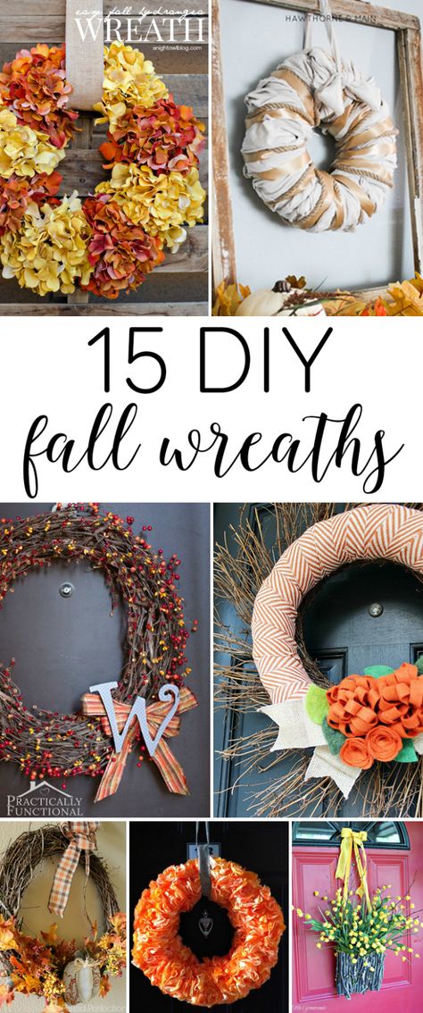 15 DIY Fall Wreaths. A round-up of 15 DIY fall wreath ideas that will inspire you to welcome the fall season. Diy Fall Wreaths, Wreaths For Front Door Diy, Fall Wreath Tutorial, Front Door Diy, Fall Wreaths For Front Door, Easy Fall Wreaths, Fall Leaf Wreaths, Fall Hydrangea, Burlap Wreath Diy