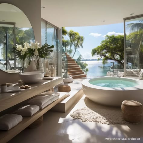 Luxury Beach House Bathroom, Home Owner Aesthetic, Dream House Bathroom, Houses By The Beach, Home Spa Room, Beach House Bathroom, Beachfront House, Luxury Beach House, Dream Life House