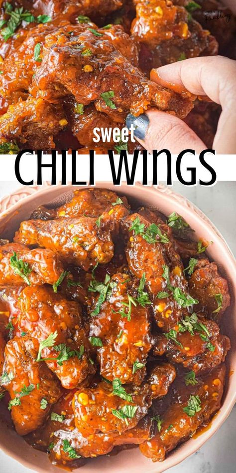 These sweet chili wings have tender, crispy chicken covered in a sticky, sweet sauce that is a just little bit spicy! You'll find yourself licking the sauce off your fingers and reaching for another! This recipe will satisfy a craving for a crispy chicken wing with a sweet flavor. Sweet Chili Wings Recipe, Chili Wings Recipe, Thai Chili Wings, Chili Chicken Wings, Sweet Chili Chicken Wings, Sweet Chili Wings, Wing Sauces, Chili Wings, Sweet Chili Chicken