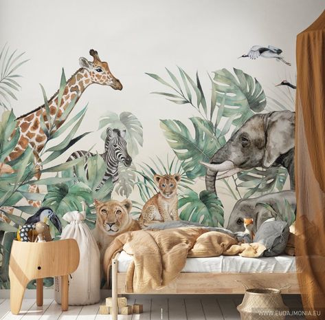 Safari Nursery Wallpaper, Jungle Wall Mural, Zebra Wallpaper, Motif Jungle, Colourful Birds, Safari Wallpaper, Cartoon Giraffe, Nursery Wall Murals, Nursery Mural