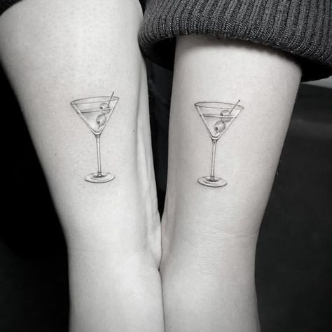 Martini Tattoo, Cocktail Tattoo, Olive Martini, Olive Tattoo, Pair Tattoos, Matching Bff Tattoos, Cool Tattoos For Girls, Single Needle Tattoo, Bff Tattoos