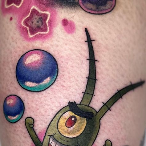 Emi Collison on Instagram: "PLANKTON 👁️ from my flash on Audra! Thanks so much for coming in 🫧 . . . . . . . . . . . . #spongebob #cartoontattoo #illustrativetattoo #neotraditionaltattoo #coloradotattooartist #coloradotattoo #denvertattoo #popculturetattoo" Colorado Tattoo, Cartoon Tattoos, November 3, Thanks So Much, Tattoo Artists, Pop Culture, Acting, Flash, Tattoos