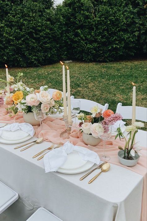 Dainty Table Setting, Simple Spring Wedding Tablescapes, White Yellow Pink Wedding Decor, Pink And Yellow Table Setting, Pink And Yellow Wedding Decorations, Bridal Shower Table Setting Simple, Pink And Yellow Wedding Theme Table Settings, Floral Table Set Up, Pink And Yellow Table Decor