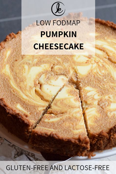 A delicious low FODMAP pumpkin cheesecake. This is also a gluten-free and lactose-free cheesecake. Perfect for autumn, winter, Thanksgiving or Christmas #cheesecake #FODMAP #glutenfree #lactosefree #christmas #thanksgiving Lactose Free Cheesecake, Low Fodmap Pumpkin, Fodmap Lunch, Low Fodmap Diet Recipes, Christmas Cheesecake, Fodmap Diet Recipes, Gluten Free Cheesecake, Low Fodmap Diet, Low Fodmap Recipes