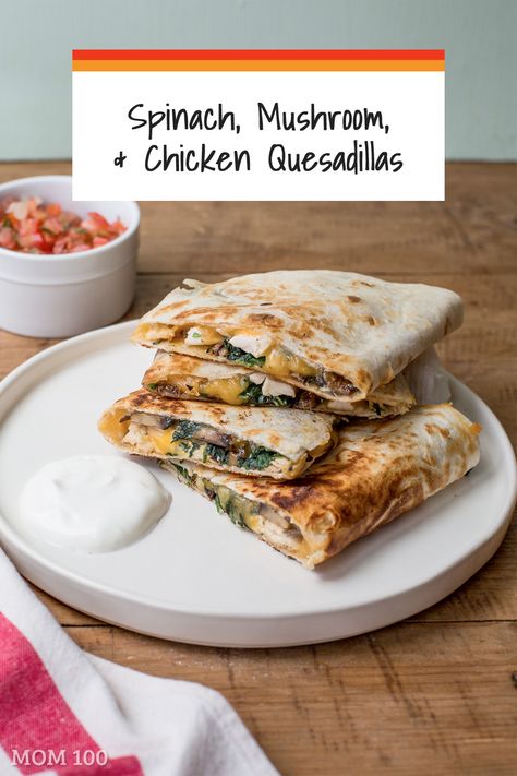 Spinach, Mushroom, and Chicken Quesadillas / Quesadillas are a very wonderful springboard for all kind of ingredient combinations, so use this particular combination or feel free to use what you like, and what’s in your fridge. #quesadillas #kidfriendly Recipes Quesadillas, Hungry Root, Optavia 30, Vegetable Quesadilla, Root Recipes, Chicken Quesadillas Recipe, Mushroom And Chicken, Chicken Lombardy Recipes, Chicken Quesadilla Recipe