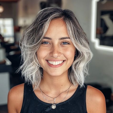 Grey Hair Ombre Balayage, Shag Silver Hair, Short Grey Brown Hair, Gray Hair Long Bob, Grey Ombre Bob, Medium Length Grey Hair Styles, Grey Shaggy Bob Hairstyles, Grey Face Framing Highlights, Salt And Pepper Bob Haircut