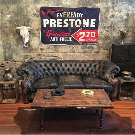 Leather, gray, wood, manly #mancave Biker Clubhouse Interior, Masculine Vintage Decor, Man Cave Sofa, Motorcycle Man Cave, Loft Office Design, Man Cave Inspiration, Vintage Chesterfield Sofa, Whiskey Room, Pub Interior