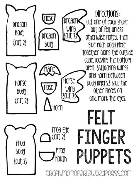 Felt Finger Puppets {free printable template} | Crafty Mom of Girls Felt Hand Puppets Pattern Free Printable, Finger Puppet Patterns Free, Finger Puppet Patterns Printable, Felt Finger Puppets Free Pattern, Puppet Template, Finger Puppet Patterns, Felt Puppets, Quiet Book Templates, Puppets Diy